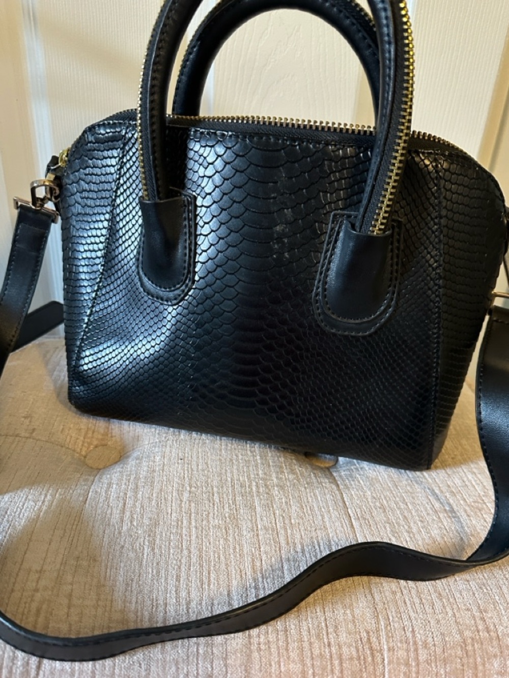 Beautiful Black Textured Dome Satchel with Detachable Strap
